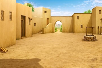 Traditional desert village courtyard with adobe buildings, a well, and an archway leading to a green oasis, depicting ancient rural life and tranquility