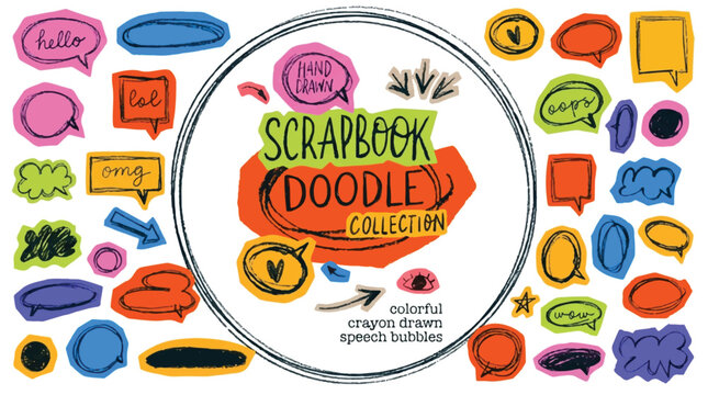 Scrapbook doodle collection of colorful crayon drawn speech bubbles and chat boxes