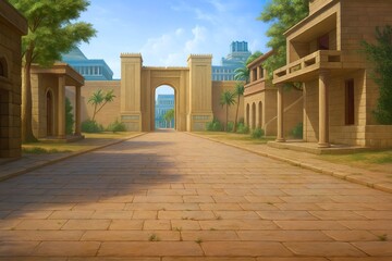 Serene illustration of an ancient city street leading to a majestic archway, showcasing historical architecture bathed in warm daylight, evoking a timeless journey through antiquity