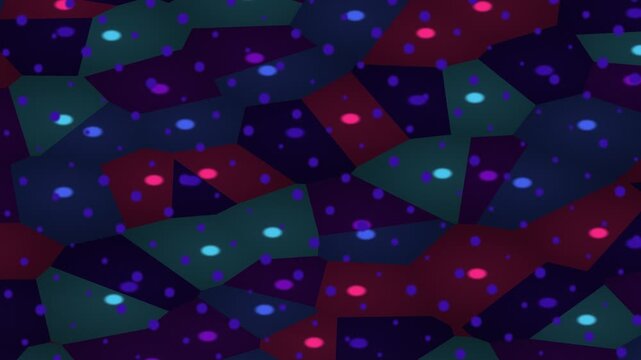 Abstract geometric pattern of dark polygons with glowing ovals and small dots in bright colors