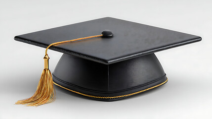 Black graduation cap with gold tassel and trim isolated on a transparent background