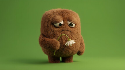 Fototapeta premium Sad furry cartoon creature holding a wilting flower on a green background. Banner template of heartbreak concept, loss, apology, or sadness with copy space.