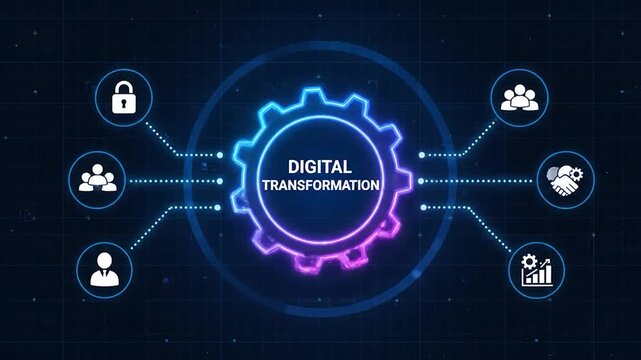 A digital transformation concept with a gear, connected icons, and a dark blue background