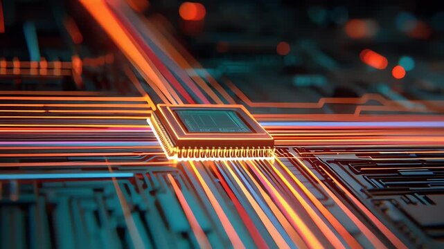 Microchip with neon light trails on circuit board.