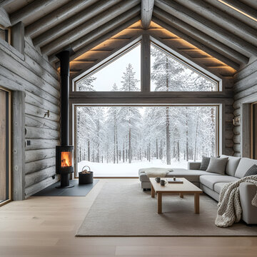Modern interior of a luxury kelo log house with large panoramic window, fireplace and snowy forest view