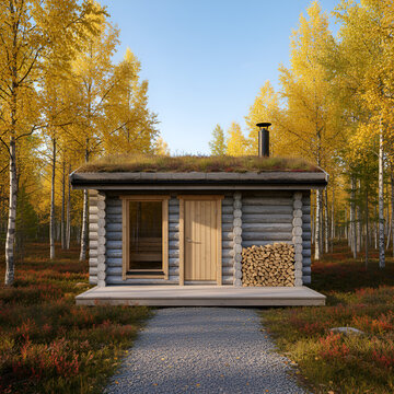 Modern eco-friendly house built of silver pine kelo logs with green sod roof in autumn forest