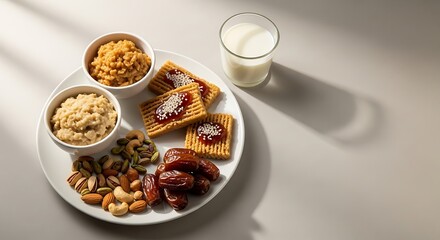 Fototapeta premium A breakfast plate with pastries, nuts, and cereal, accompanied by a glass of milk, on a table with soft lighting.