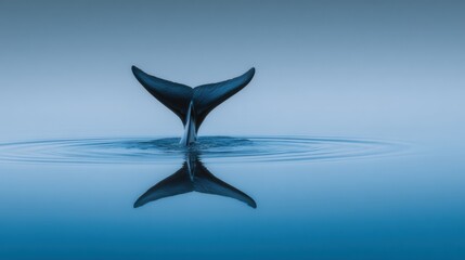 Obraz premium Dolphin Tail Fin Disappears Into Blue Water Creating Ripples and Large Open Space in the Background During a Calm Moment at Sea