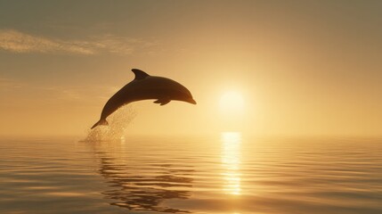 Naklejka premium Dolphin Jumps Over Ocean Water at Sunrise Bringing Joy and a Sense of Freedom During the Early Hours of a New Day