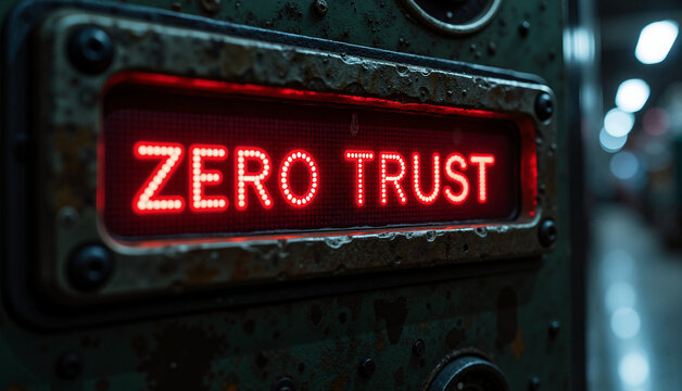 Zero Trust Cybersecurity Concept with Red Glowing LED Display on Weathered Industrial Machine