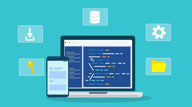 Flat illustration of software development workspace with laptop displaying code editor, mobile interface, and storage upload icons representing data management and digital workflow.
