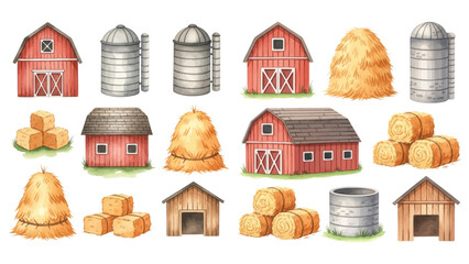 A charming watercolor collection of various farm buildings, including red barns, silos, and haystacks. © liana