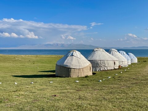 Nomadic lifestyle with traditional yurts at Song Kul Lake, Kyrgyzstan.