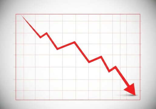 Red downward trend graph on grid paper with arrow pointing down