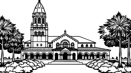 Obraz premium Very beautiful view of Stanford Memorial Church and Main Quad, capturing harmonious architecture, palm-lined courtyards, and timeless academic elegance under soft California light.