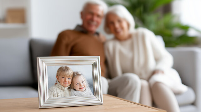 Faceless grandparents child and picture frame in home with family to share memory or learning history, kid grandmother grandfather with photo on sofa, heritage legacy bonding gener