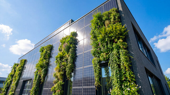 Modern green building with solar panels and vertical plants
