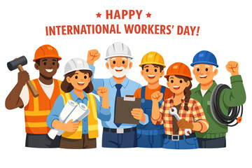 Fototapeta premium Flat Vector Illustration of Construction Engineers and Workers United for International Workers' Day