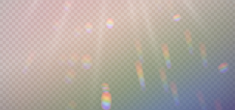 Abstract sun glare with rainbow spectrum. Lens flare and bokeh texture. Magic light refraction overlay for photography and design. Vector