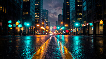 Naklejka premium Rainy city street at night with colorful lights and reflections 