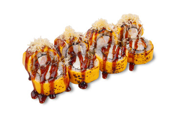 Baked sushi roll with shrimp, rice, cream cheese and melted topping drizzled with sauce, isolated on white background for menu, delivery and advertising use © Александр Гаврилычев
