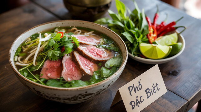Delicious Vietnamese Pho dac Biet noodle soup with beef and herbs on wooden table