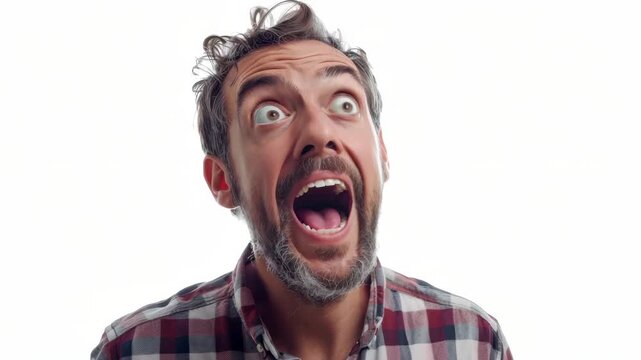 A man making a surprised face with his eyes wide open and mouth agape. He is wearing a plaid shirt.