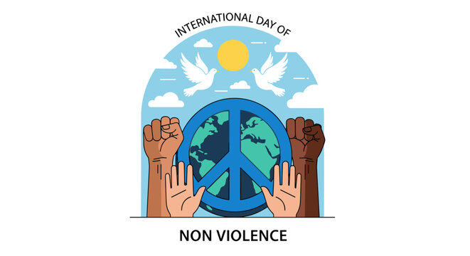 International day of non violence concept with diverse hands holding peace symbol globe and doves flying against a bright sky