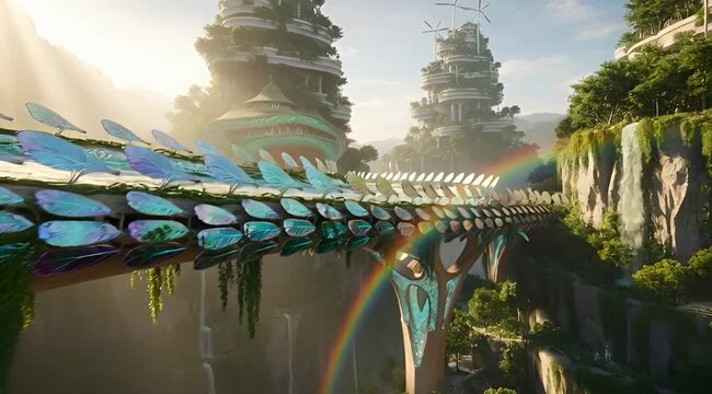 Solarpunk arched bridge with iridescent roof spanning a lush waterfall canyon leading to futuristic utopian city towers