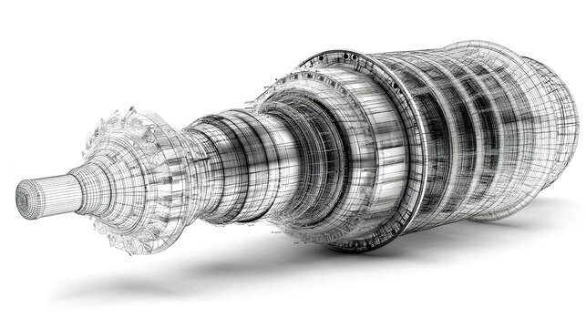 3D model of a gas turbine engine showing detailed wireframe design and structure in a digital format for engineering purposes