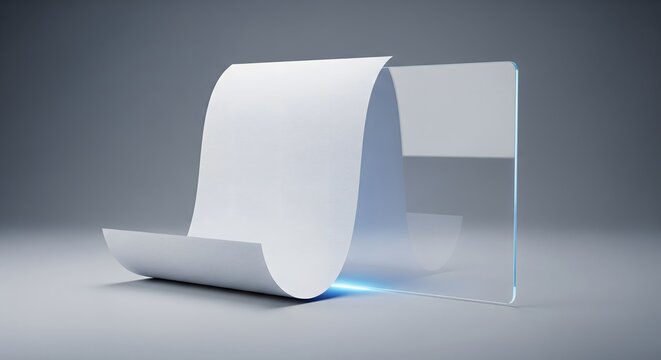 Abstract 3D render of curled white paper scroll next to a transparent glass panel on a gray studio background, representing data or technology display.