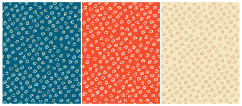 Hand Drawn Seamless Vector Pattern With Irregular Dots on a Blue, Red And Beige Background. Abstract Tileable Print With Irregular Dotted Print Perfect for Fabric, Textile, Wallpaper.	