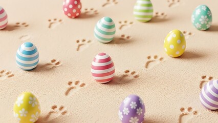 Fototapeta premium Happy easter sunday celebration with colorful easter eggs and bunny footprints
