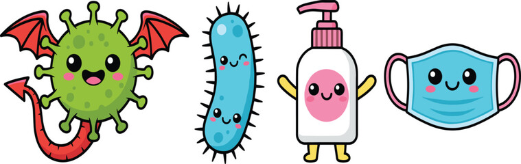Fototapeta premium Cute Virus and Hygiene Protection Character Collection Flat Cartoon Vector Illustration Isolated on White Background