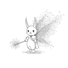 Naklejka premium Cartoon rabbit character holding a fishing rod and bag standing in a simple black and white illustration style with a minimalist background