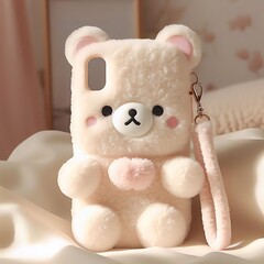 Adorable fluffy white teddy bear phone case featuring a charming cartoon face and attached wrist strap accessory rests softly upon plush fabric surfaces