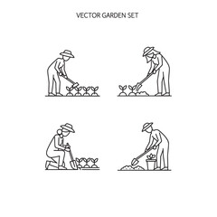 Vector illustrations of a person gardening with various actions isolated on transparent background
