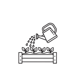 Vector illustration of a watering can pouring water onto seedlings in a raised garden bed isolated on transparent background