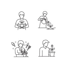 Vector line art illustrations of people gardening and nurturing plants