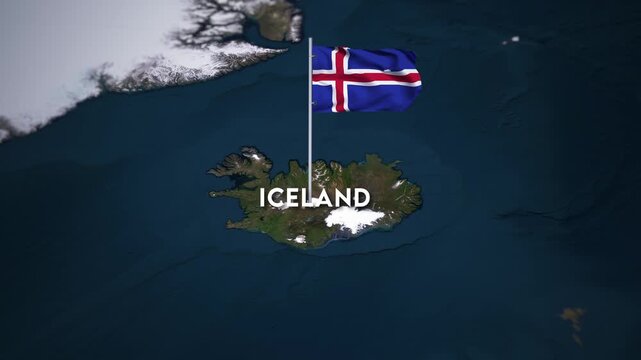 The Flag of Iceland on the World Map, the Iceland flag waving on the 3d map animation 4K