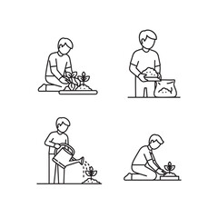 Vector line art illustrations of people planting and potting cacti isolated on transparent background