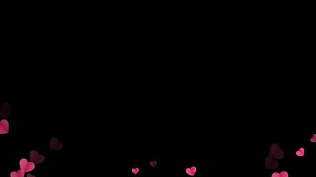 Falling red hearts love overlay video with additive transparency, seamless loop on black background
