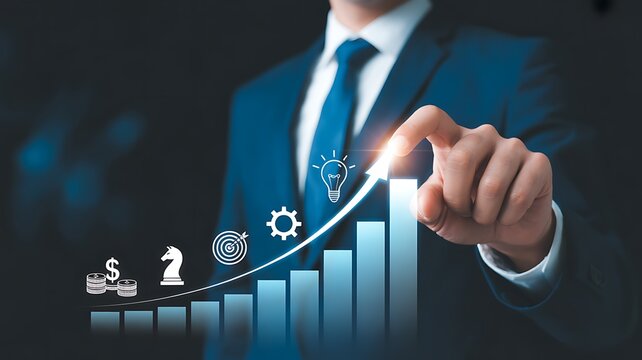 Businessman analyzing growth chart with icons representing success factors