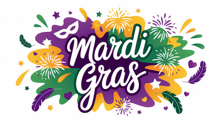 Vibrant Mardi Gras Lettering Design with Fireworks and Feathers &ndash; Festive Carnival Celebration Artwork