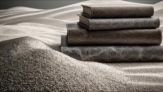 Stack of leather bound books resting on a sandy surface, with sand pouring down creating a contrast