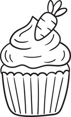 Cute cupcake illustrated in doodle style with creamy frosting topped by a carrot, for baking designs, kids projects, coloring pages, and decorative food graphics.