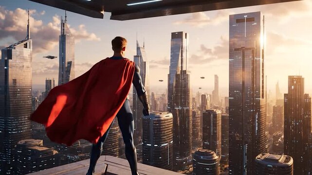 A figure in blue and red cape looks over a futuristic city at sunset