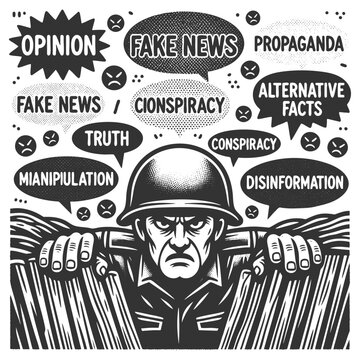 soldier entrenched in a battlefield of misinformation, conspiracy, opinion, and truth in the digital age sketch engraving generative ai fictional vector illustration. Scratch board. Black and white.
