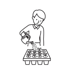 A man watering seedlings from a watering can in a tray of small pots, vector illustration isolated on transparent background