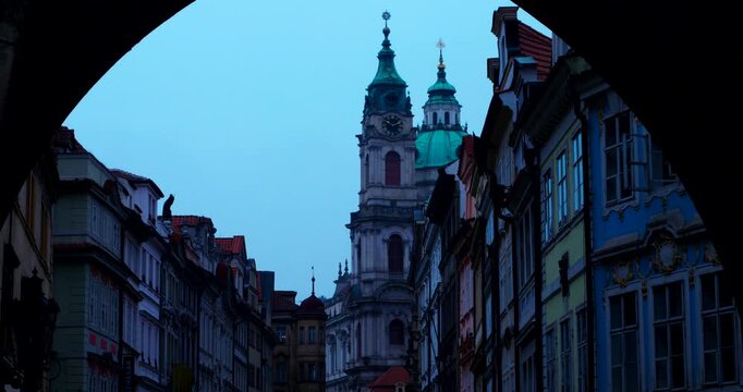 Prague Cityscape in Winter Morning &ndash; Blue Hour, Cold Weather, Historic Architecture and Skyline